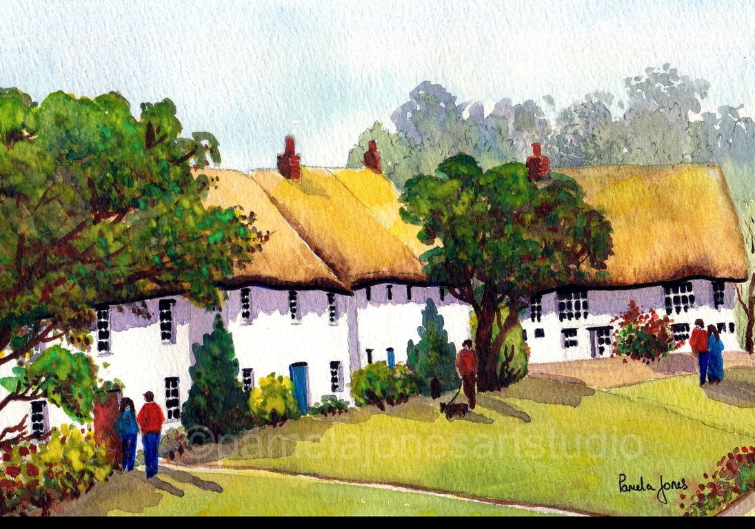 Original Watercolour, Thatched Cottages, Somerset, in 16 x 12 '' Mount