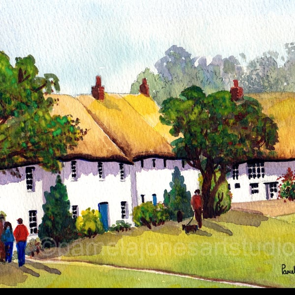 Original Watercolour, Thatched Cottages, Somerset, in 16 x 12 '' Mount