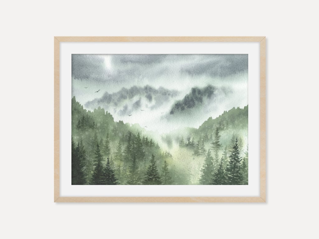 Misty Dreams Forest Wall Art, Foggy Pine Trees Mountain Print, Woodland Poster