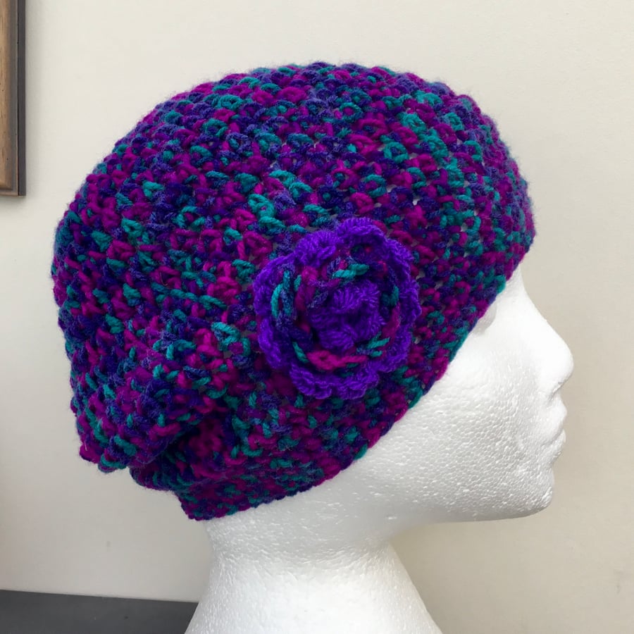 Purple Floral Mermaid! Crocheted Beanie, Slouchy or Beret in Jarol Acrylic Yarn.