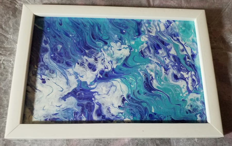 Acrylic pouring abstract art in 7 x 5 inch white frame