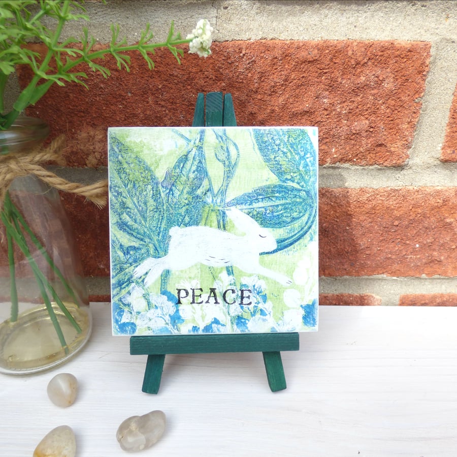 Peace Original Botanical Monoprint On Wood, Small Art With Easel, Rabbit 