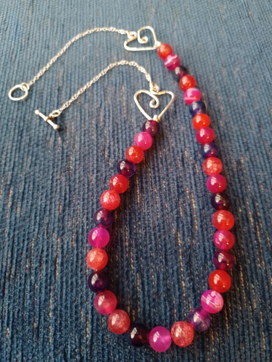 Red and purple agate bead heart necklace