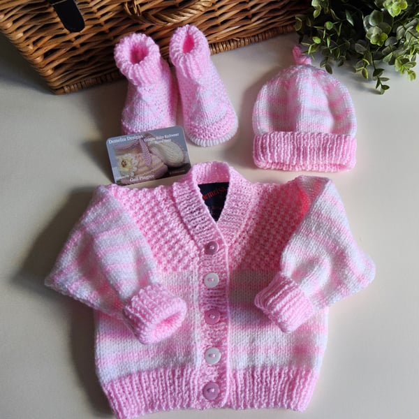 Hand Knitted Baby Girl's Cardigan, Hat & Booties Set 3-9 months 