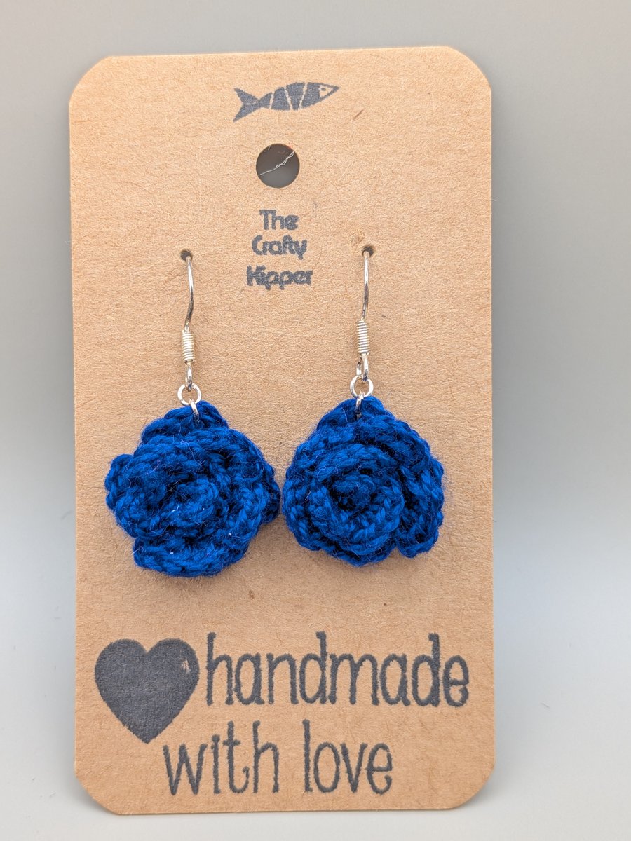 Handmade crochet rose dangle earrings with sterling silver findings 