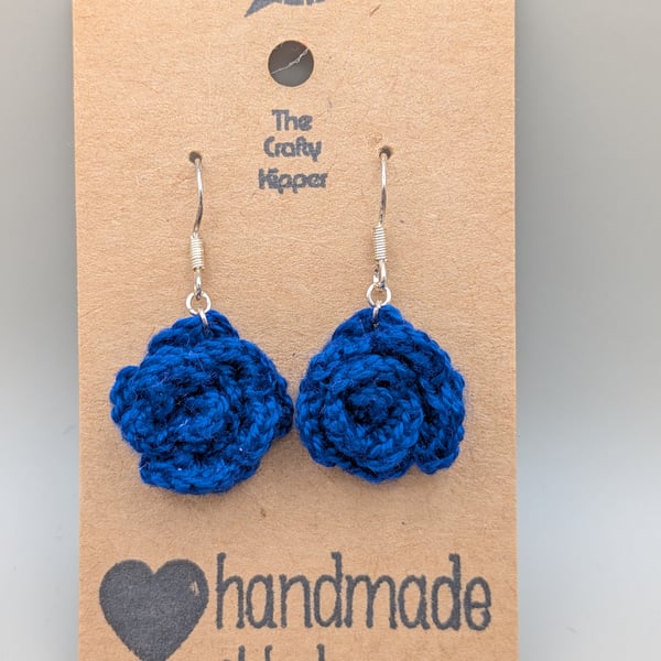 Handmade crochet rose dangle earrings with sterling silver findings 
