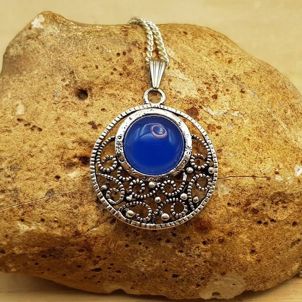 Boho round filigree Blue Onyx Pendant necklace. December Birthstone