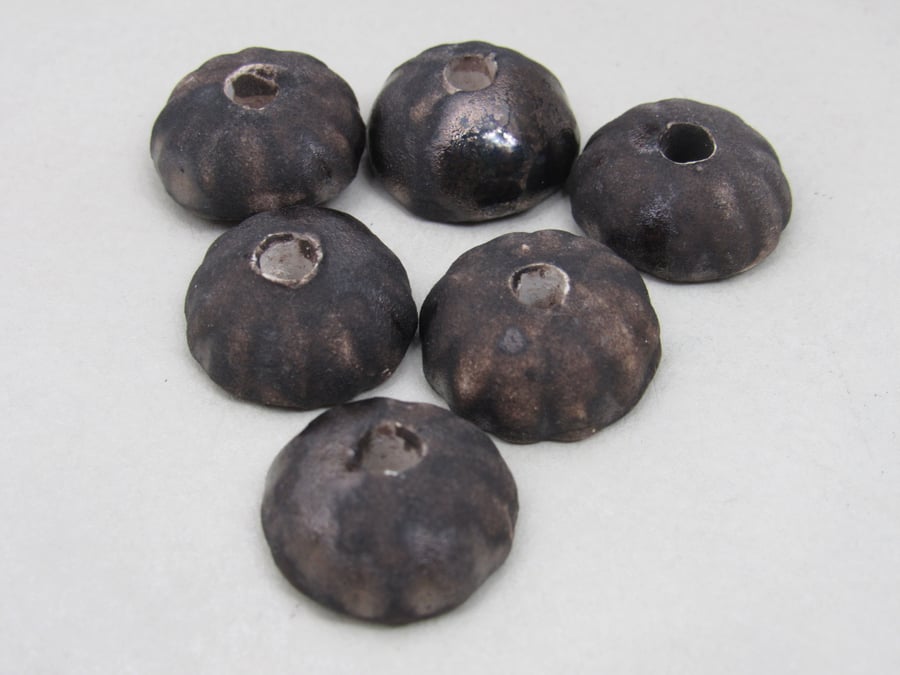 6 Small Semi-Gloss Bronze Half-round Ceramic Flower Beads