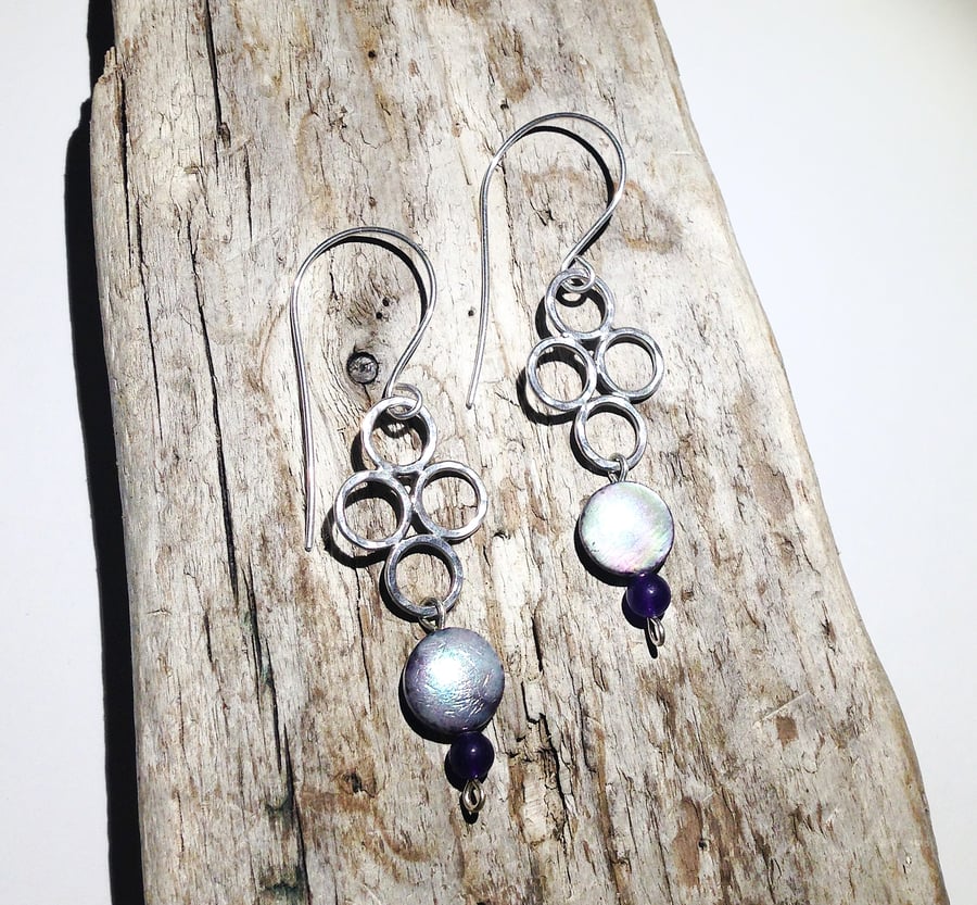 Sterling Silver, Shell and Russian Amethyst Earrings - UK Free Post