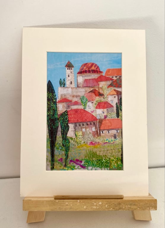 Hill top village, original art print 