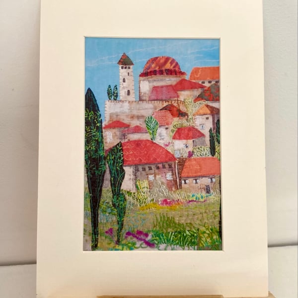 Hill top village, original art print 