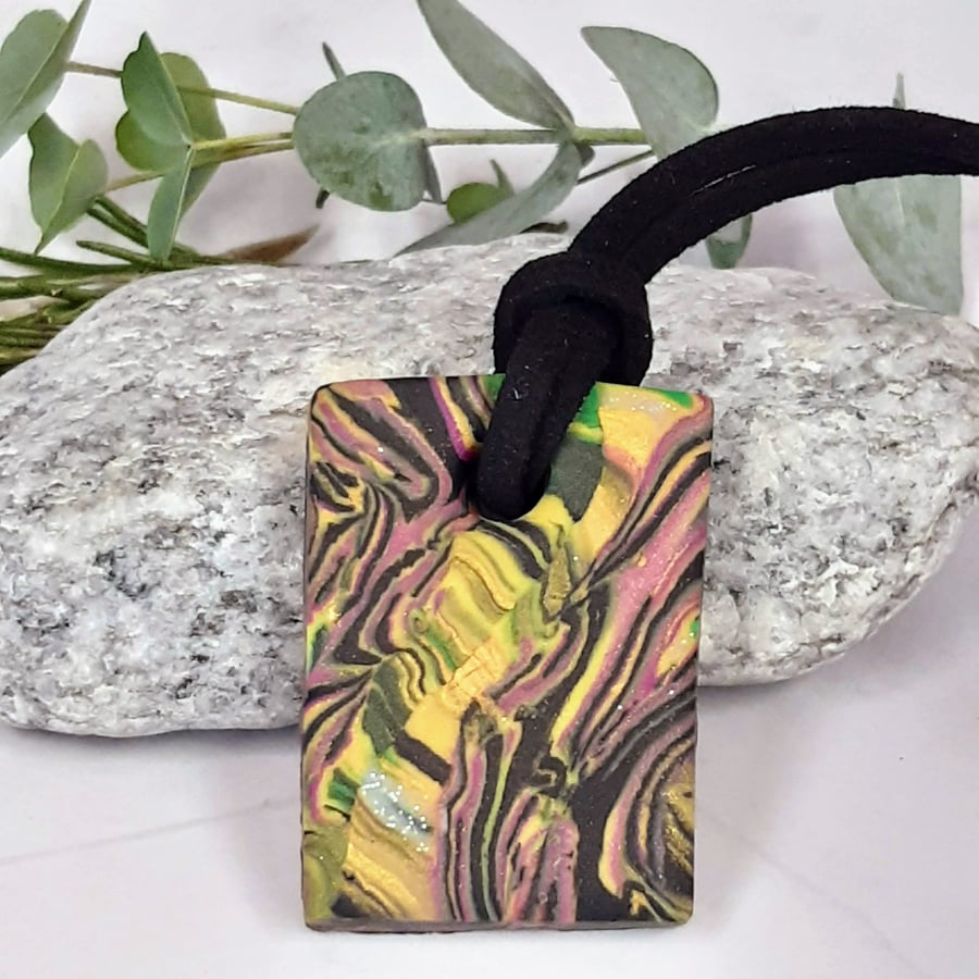 Multi coloured rectangular polmer clay pendant