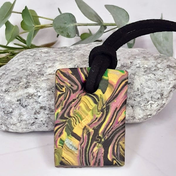 Multi coloured rectangular polmer clay pendant