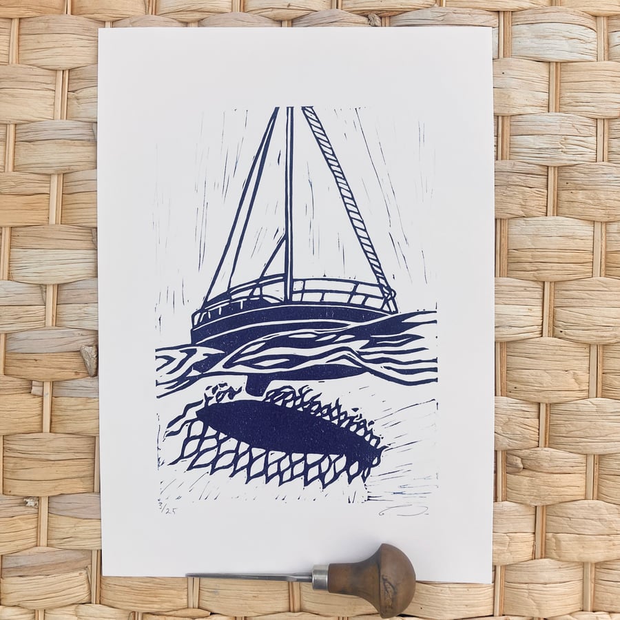 Sailing print, sailing Lino print, nautical print, nautical Lino print, boat 