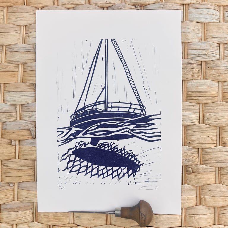 Sailing print, sailing Lino print, nautical print, nautical Lino print, boat 