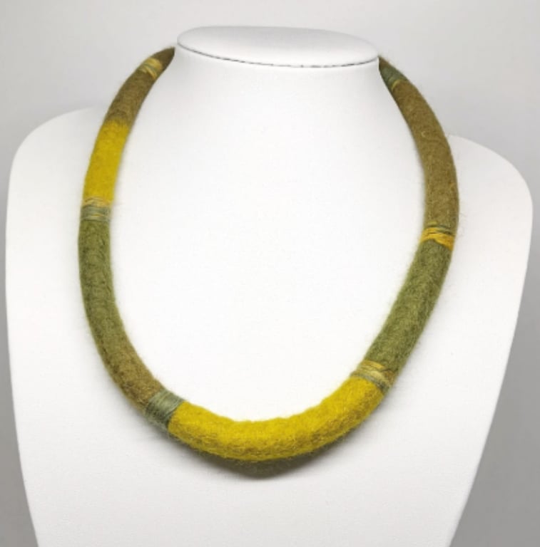 Felted cord necklace - shades of olive green and yellow