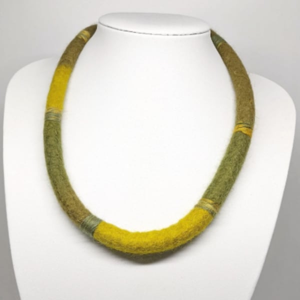 Felted cord necklace - shades of olive green and yellow