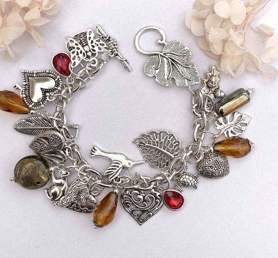 Silver Heart and Gemstone Charm Bracelet