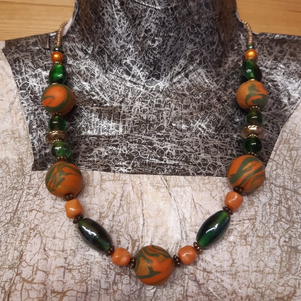 Orange and green polymer clay necklace
