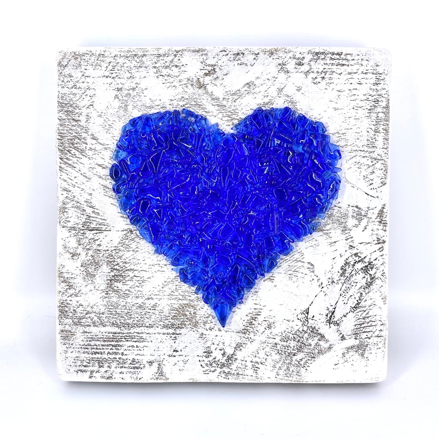 Blue Crushed Glass Heart on Reclaimed Wood