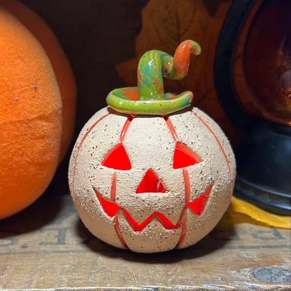 Ceramic pumpkin light up decoration carved face Jack o lantern no2