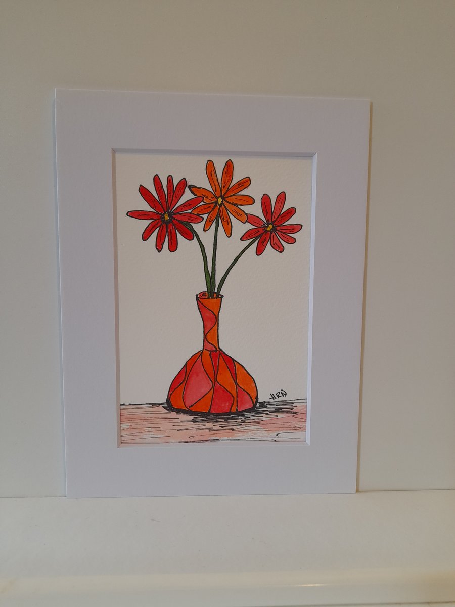 Pen & watercolour  3 red flowers in vase in white 6x8 inch mount  HRN0001