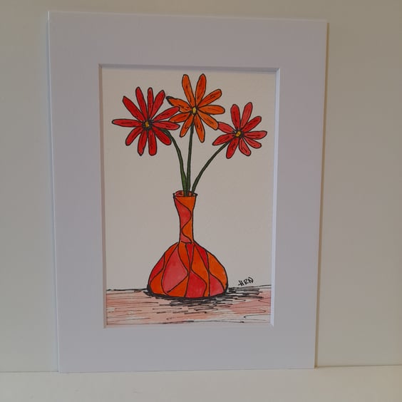 Pen & watercolour  3 red flowers in vase in white 6x8 inch mount  HRN0001