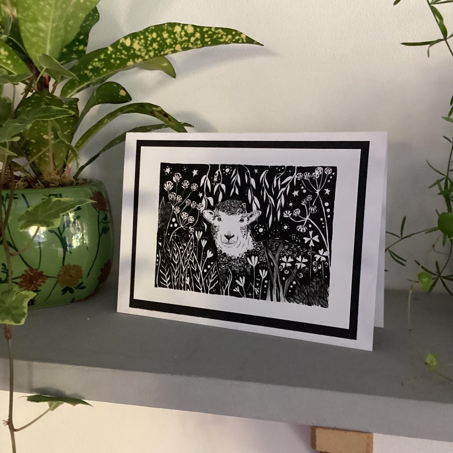 Greetings card, blank card, sheep card, black and white card, nightime sheep