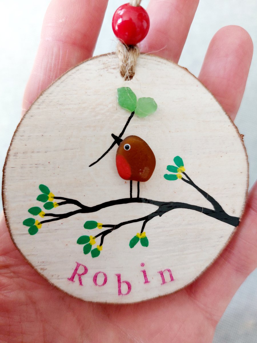 Sea Glass Hanging Decoration, Wood Slice, Sea Glass Brown Robin