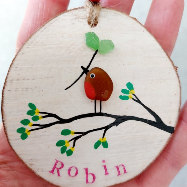 Sea Glass Hanging Decoration, Wood Slice, Sea Glass Brown Robin