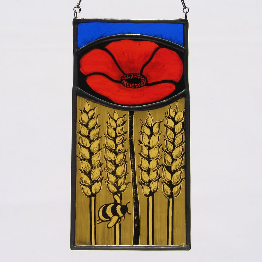 Poppy & Bumble Bee Stained Glass Panel