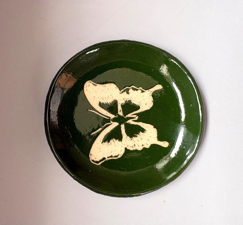 Hand Carved Butterfly Ceramic Trinket Dish, Dark Green