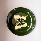 Hand Carved Butterfly Ceramic Trinket Dish, Dark Green