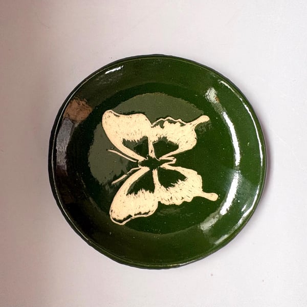 Hand Carved Butterfly Ceramic Trinket Dish, Dark Green