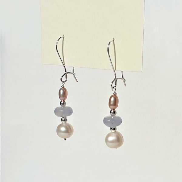 Elegant Freshwater Pearl & Natural Blue Chalcedony Sterling Silver Drop Earrings