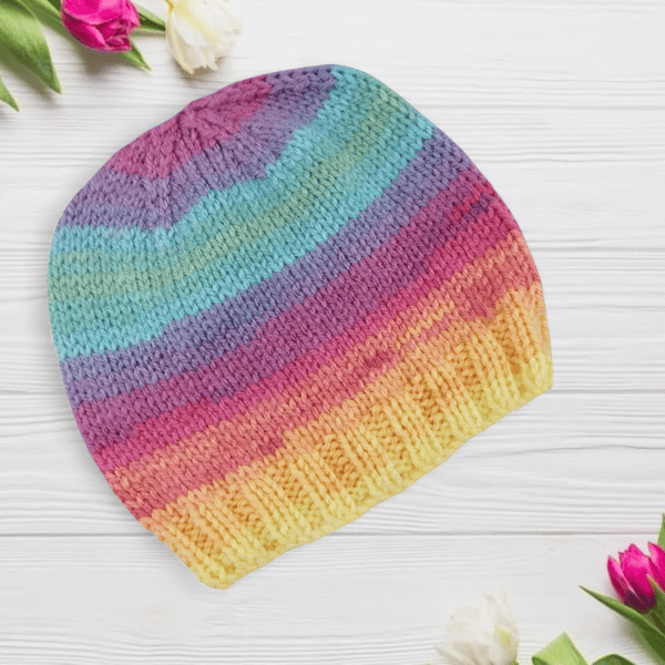 Hand Knitted Rainbow Baby Hat 0-3 Months, Multicoloured Winter Accessories