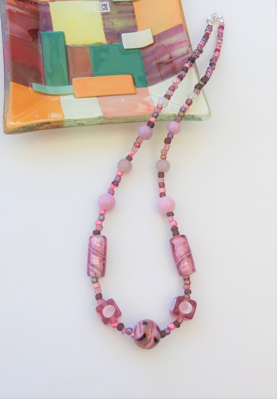 Pink glass bead necklace, lampwork, foiled and seed beads.
