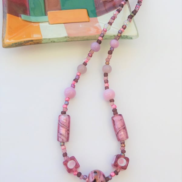 Pink glass bead necklace, lampwork, foiled and seed beads.