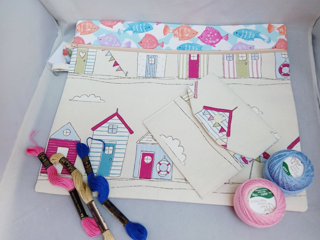 Cross Stitch, Embroidery Project bag and Accessory Purse, Beach Huts and Fishes