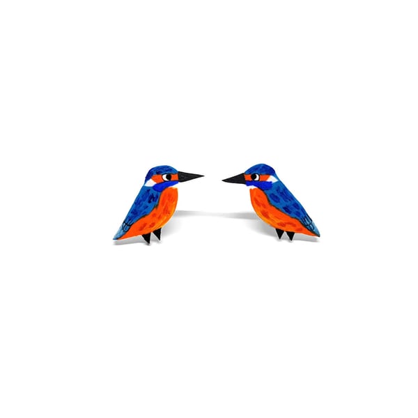 Kingfisher Stud Earrings - Handpainted - Bird Earrings
