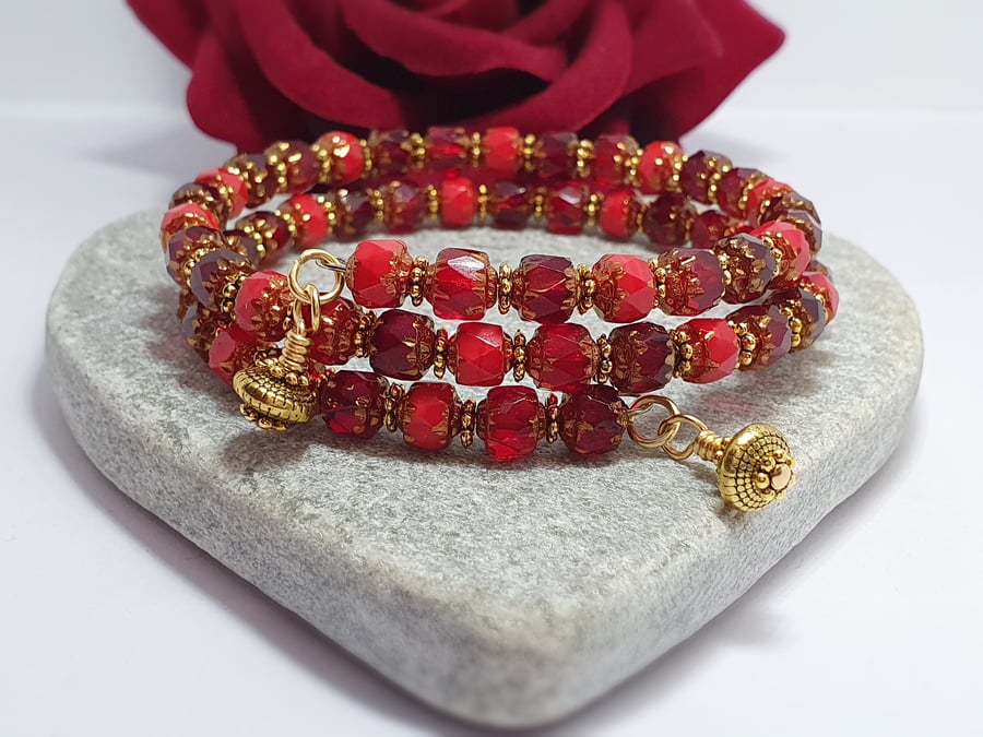 Red and gold Czech glass beaded wrap bracelet 