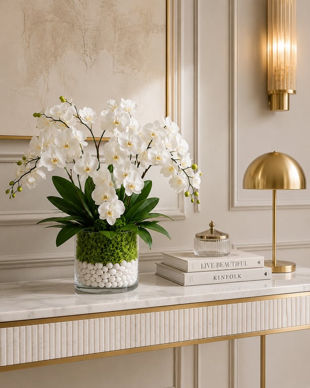 Luxury White Orchid Arrangement in Glass Vase – Elegant Faux Floral Centerpiece 