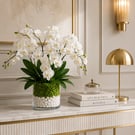 Luxury White Orchid Arrangement in Glass Vase – Elegant Faux Floral Centerpiece 