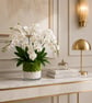 Luxury White Orchid Arrangement in Glass Vase – Elegant Faux Floral Centerpiece 