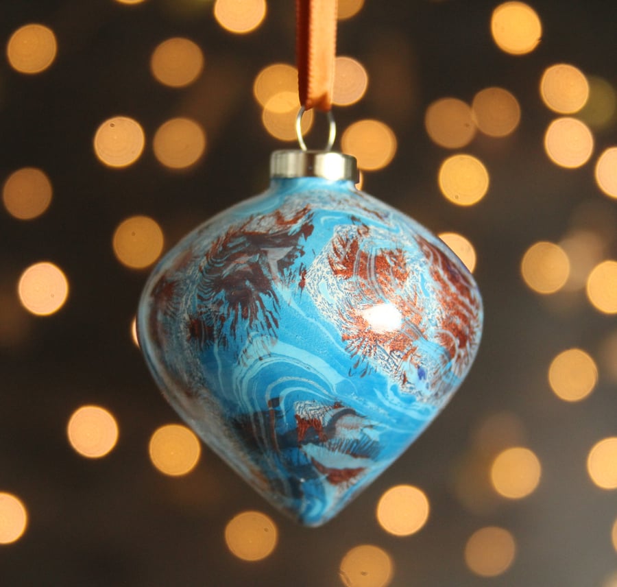 Double marbled ceramic Christmas bauble in blue and copper