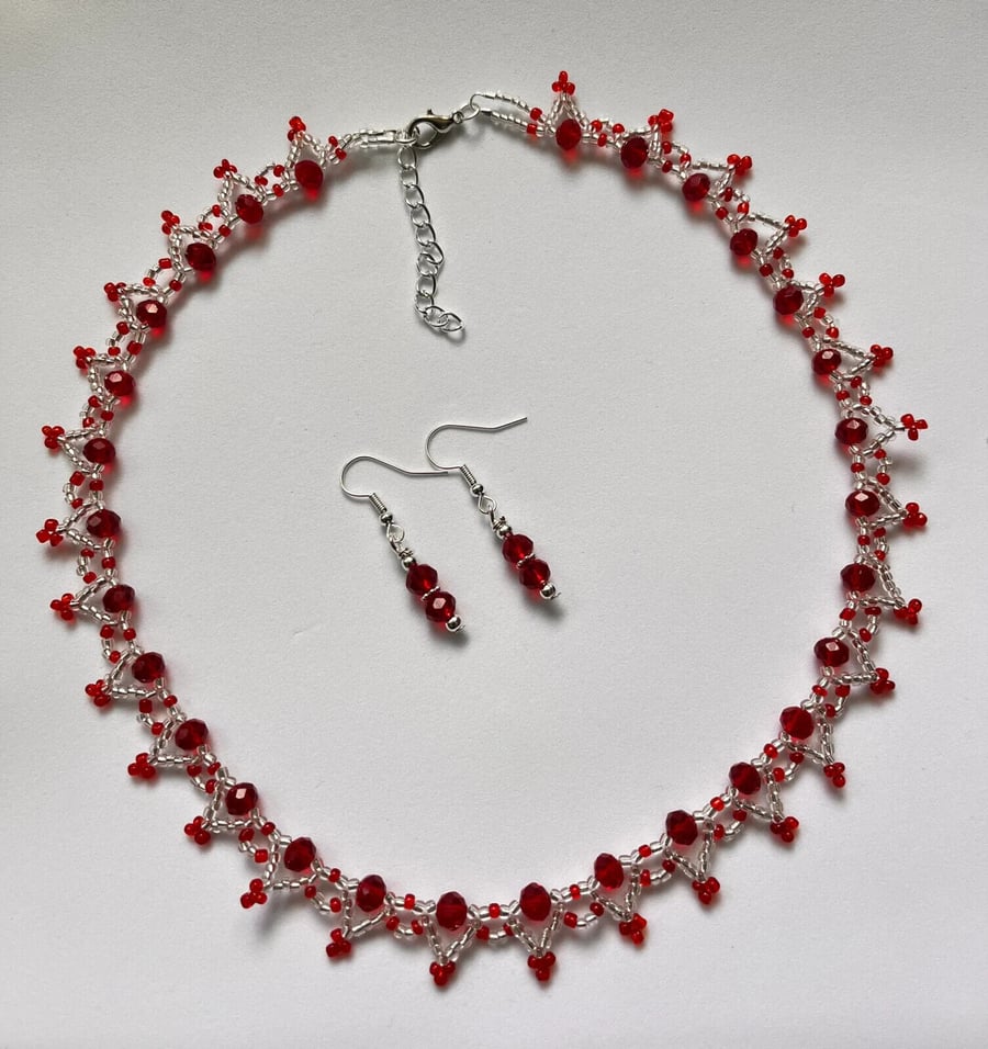 Red glass  Rondelle and seed Bead earrings and Necklace set 16"