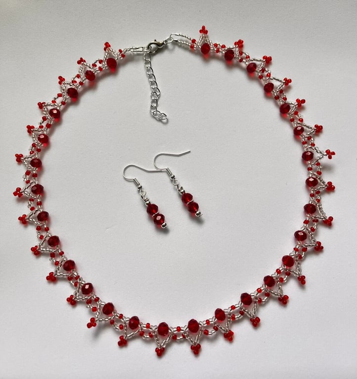 Red glass  Rondelle and seed Bead earrings and Necklace set 16"