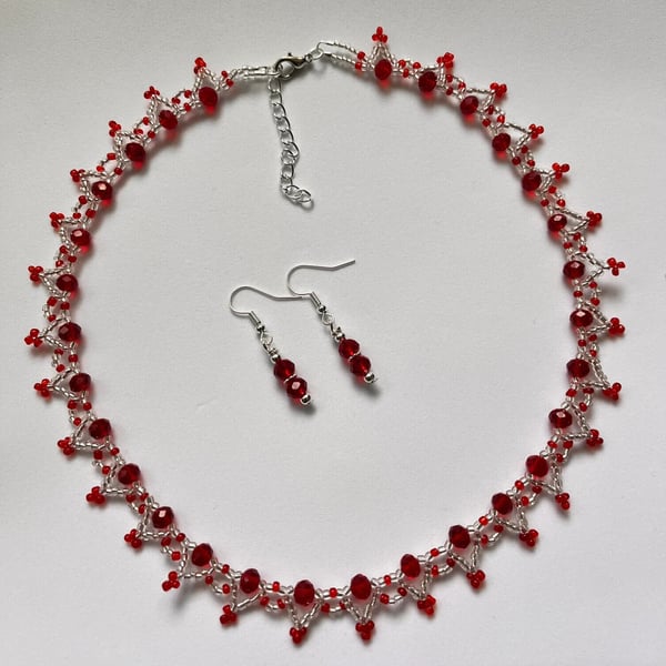Red glass  Rondelle and seed Bead earrings and Necklace set 16"