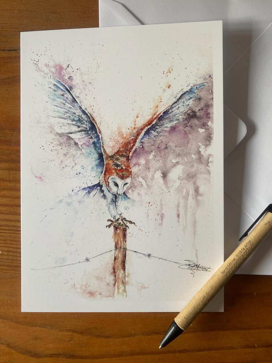 The Resting Post, Barn Owl Card, A5 blank greeting card with a watercolour barn 