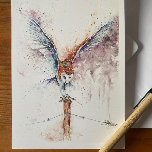 The Resting Post, Barn Owl Card, A5 blank greeting card with a watercolour barn 